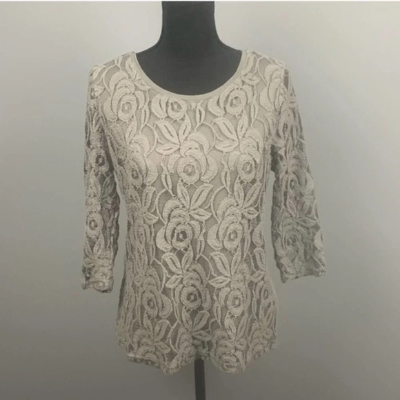 CHICOS | Gray Sheer Lace Overlay Lined Bodice Medium - Picture 2 of 6